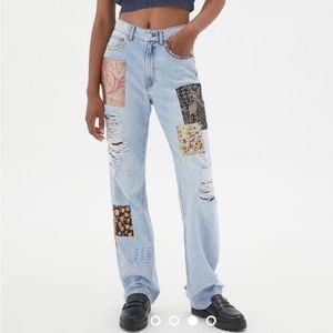 BDG urban outfitters, cowboy patchwork, distressed, embroidered jeans